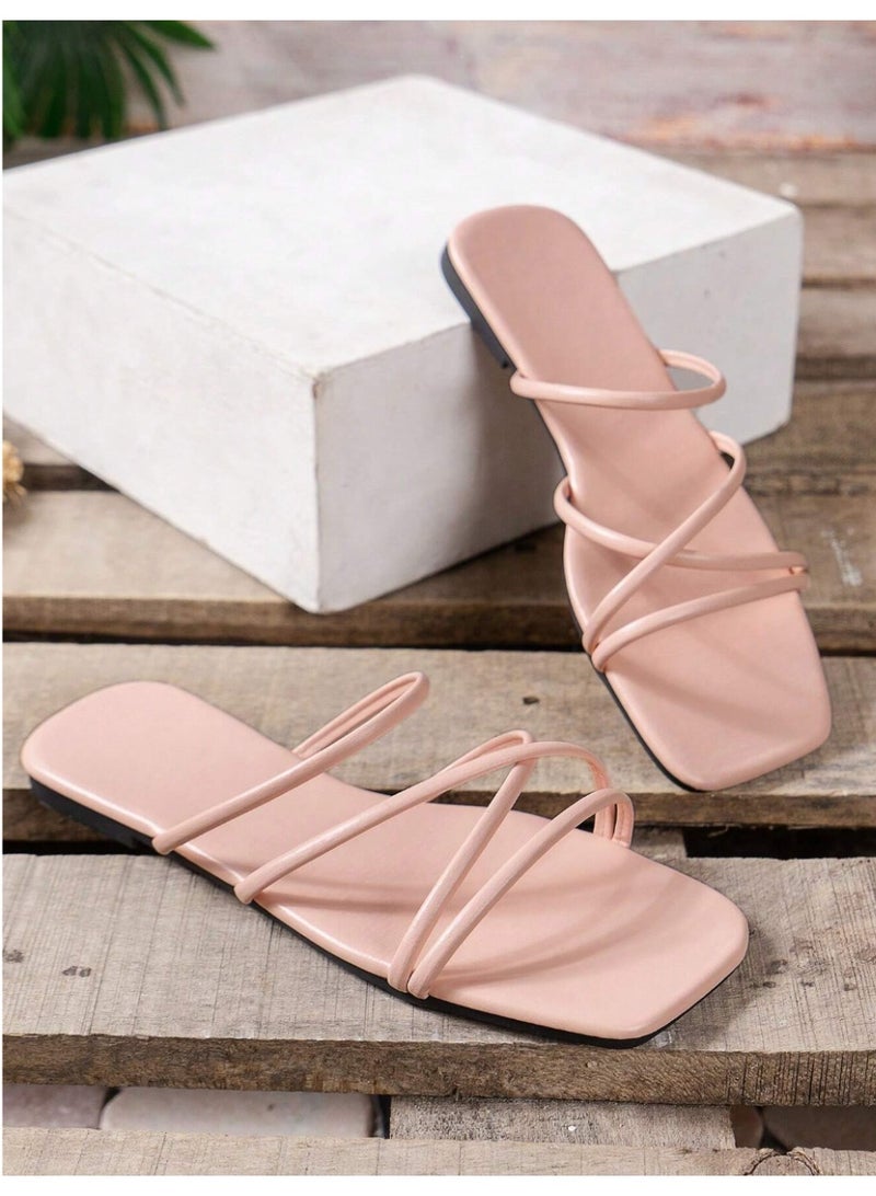 SHEIN Women'S Solid Color Square Toe Simple Style Flat Slip-On Sandals For Outdoor - Image 1